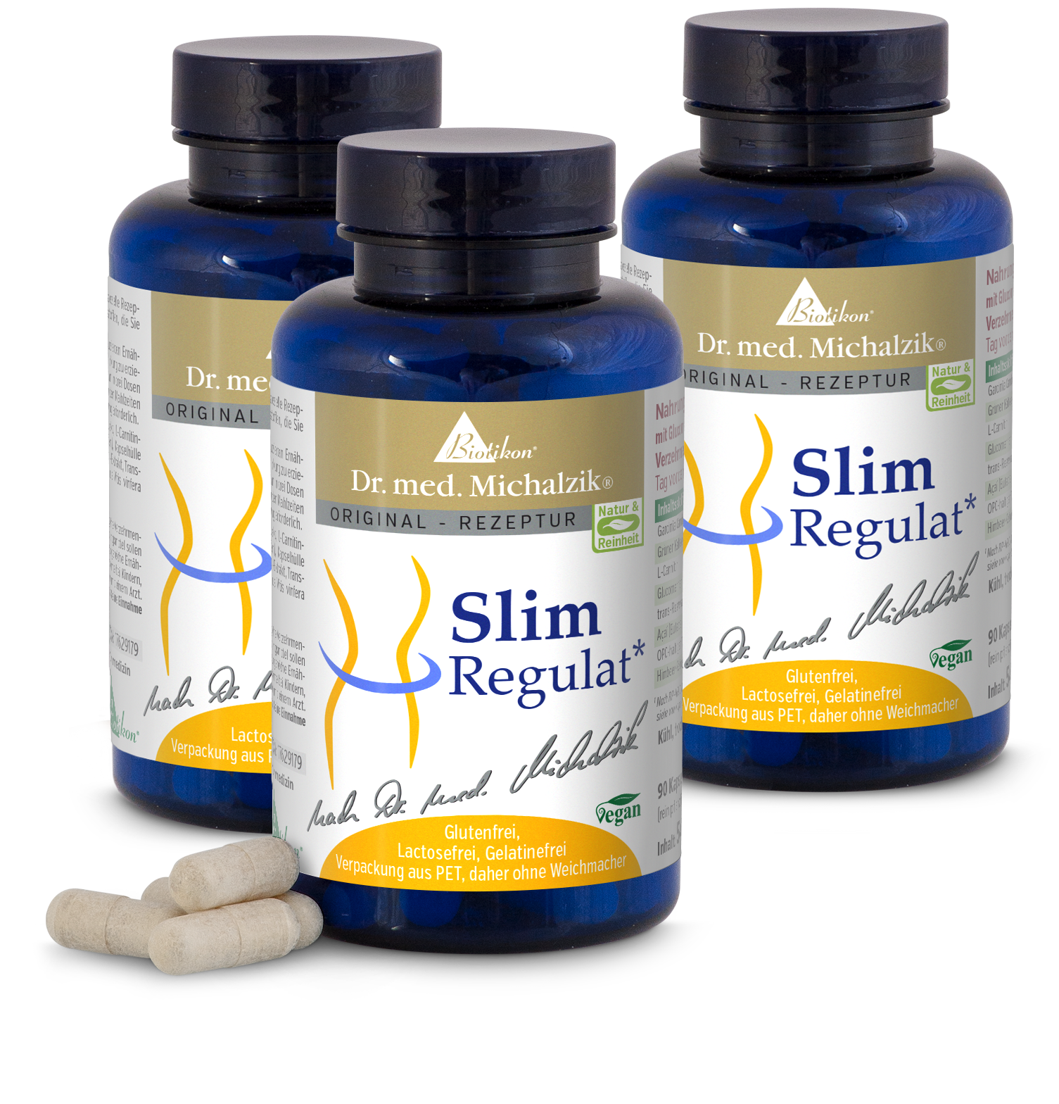 Slim Regulat – 90 Capsules, Vegan & Gluten-Free Three blue bottles of Slim Regulat capsules, 90 count each, PET packaging, gluten-free, vegan capsules with bright capsules in front.