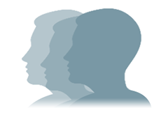 Product Reviews Icon Three stylized head silhouettes in blue, side view, on a white background.