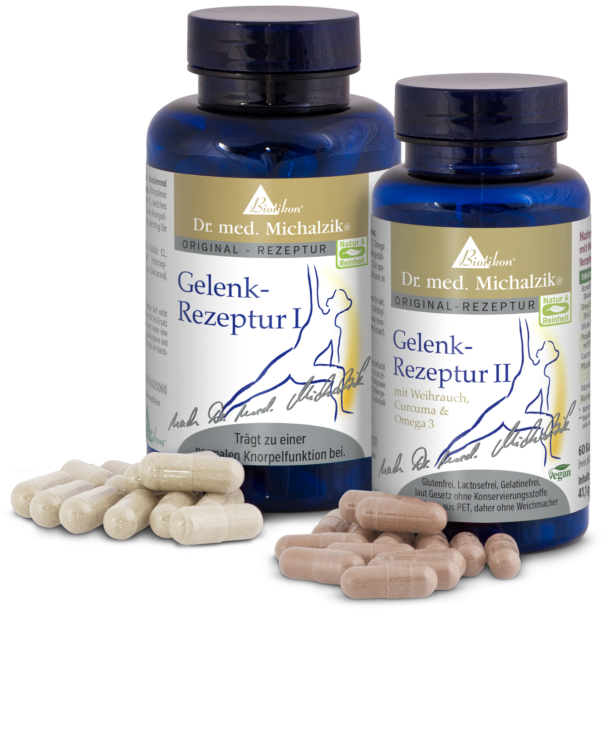Joint Formula I and II – Capsules Two bottles of Joint Formula I and II capsules in various colors. The bottles are blue with gold labels. Visible capsules are beige and brown.