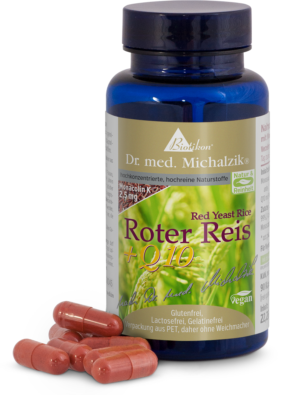 Red Yeast Rice + Q10 – 90 Capsules Bottle with red capsules, 90 pieces, vegan packaging, blue PET bottle, front view