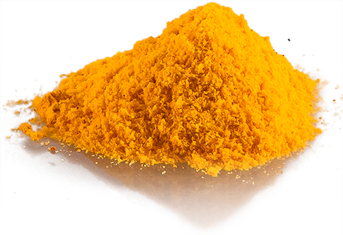 Turmeric Powder – 100 g Fine yellow turmeric powder, 100 g, on a smooth surface, side view.