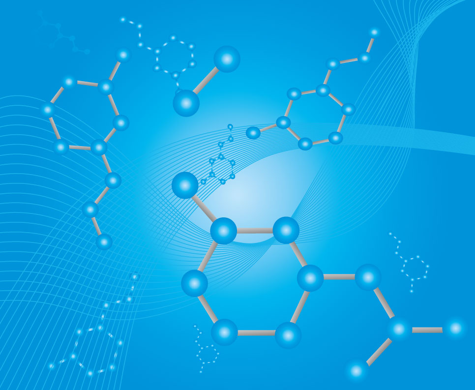 Graphic depiction of molecules in blue shades on a light background, showing connections and network structure.