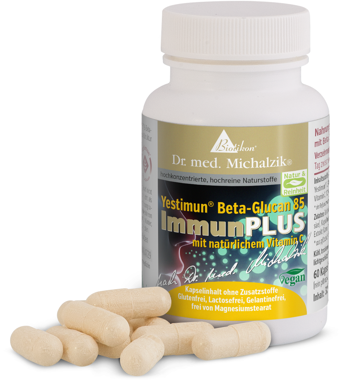 Yestimun Beta-Glucan 85 – Capsules Yestimun Beta-Glucan 85 capsules in a white bottle, 60 count, slightly beige, against a light background.