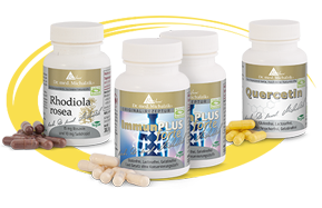 Rhodiola Rosea 400 mg – Capsules Four supplement bottles: Rhodiola Rosea, ImmunPLUS, Quercetin, various capsule types, bright colors, shown frontally.