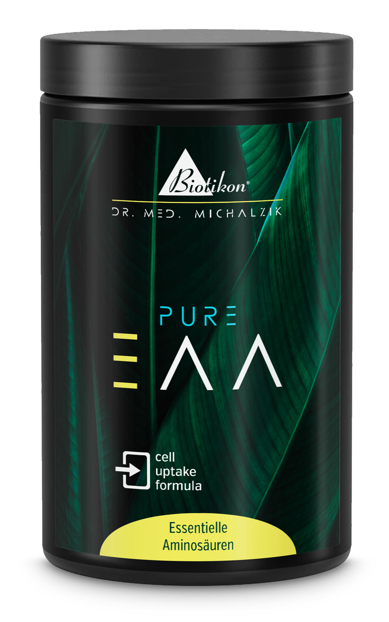 Essential Amino Acids - Powder Black container with essential amino acids in powder form, green leaves in the background, clearly visible.
