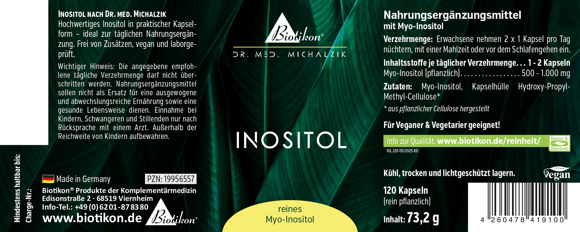 Inositol 1000 mg - Capsules Inositol dietary supplement in capsules, 120 count, green packaging, plant-based, vegan.