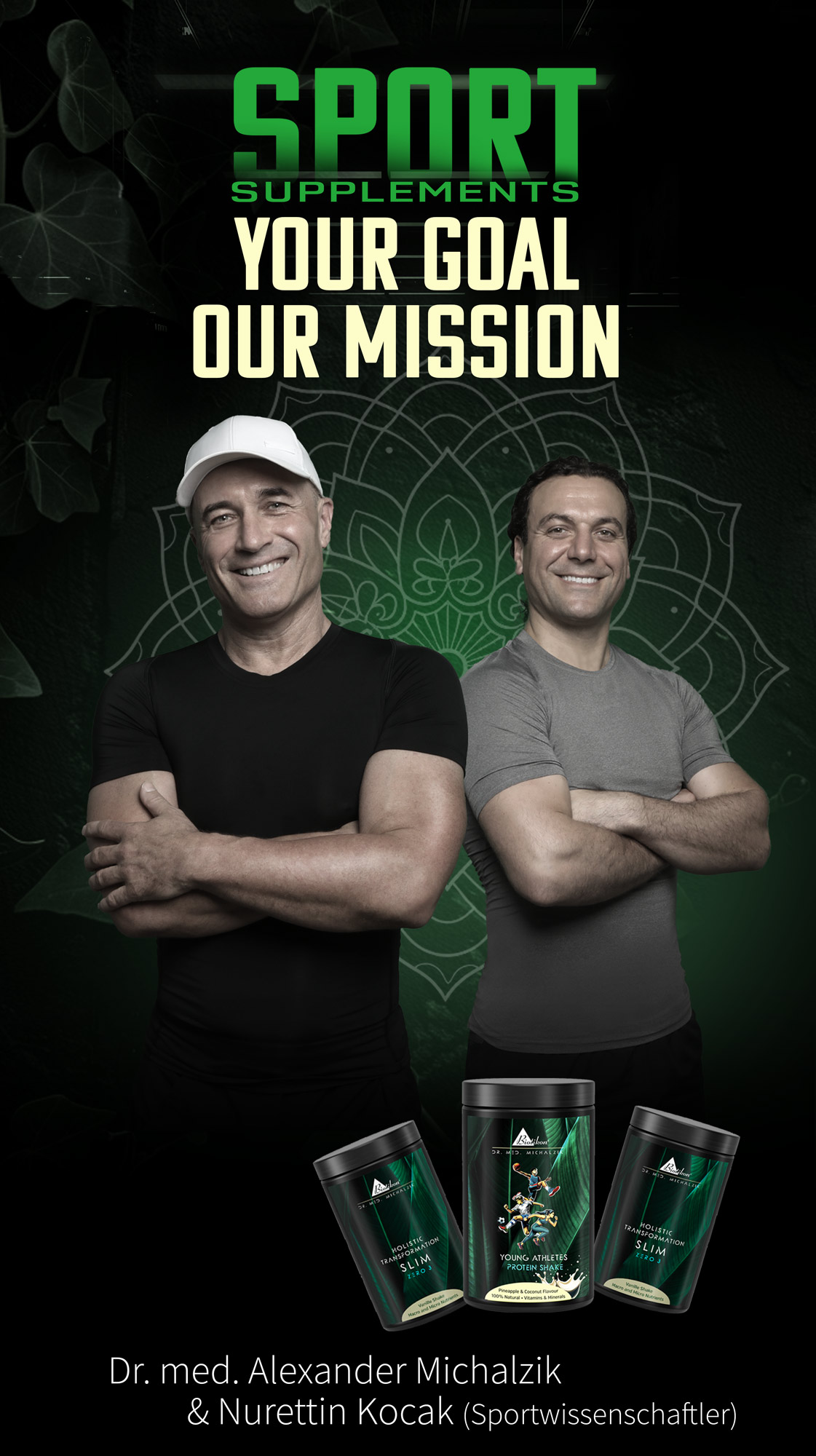 Sport Supplements – Holistic Transformation Slim Two men in sportswear stand in front of a green wall, showcasing capsule and powder formulations in black-green packaging.