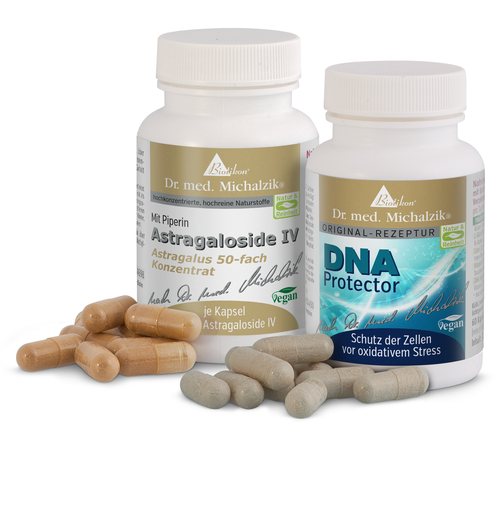 Astragaloside IV 50x – Capsules Two bottles of Astragaloside IV and DNA Protector capsules, beige and gray capsules on a table.