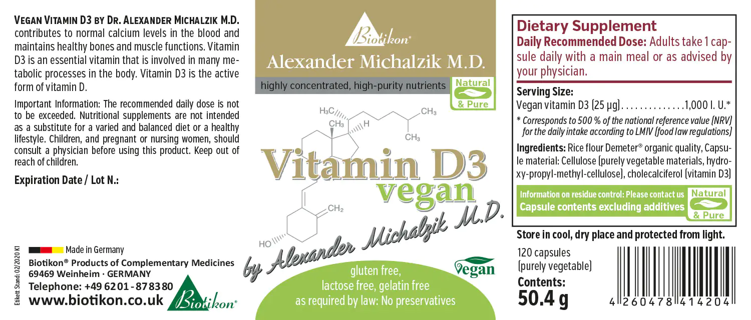 Vitamin D3 1000 IU – Vegan Capsules Vegan Vitamin D3 capsules, 120 pieces, turquoise and gold packaging, side view.