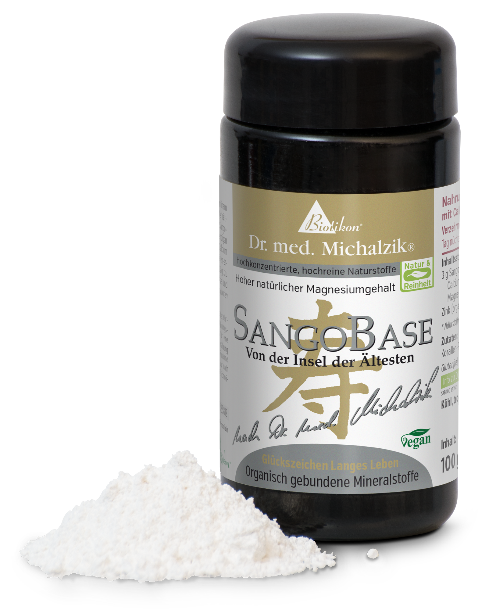 SangoBase 100g – Mineral Powder SangoBase mineral powder in a black container, 100g, beside a white mound of powder.