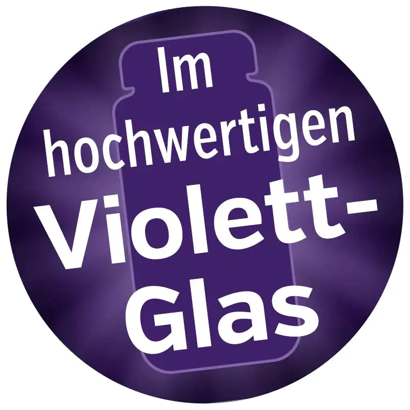High-Quality Violet Glass Button Round label with the text 'High-Quality Violet Glass' on a purple background.