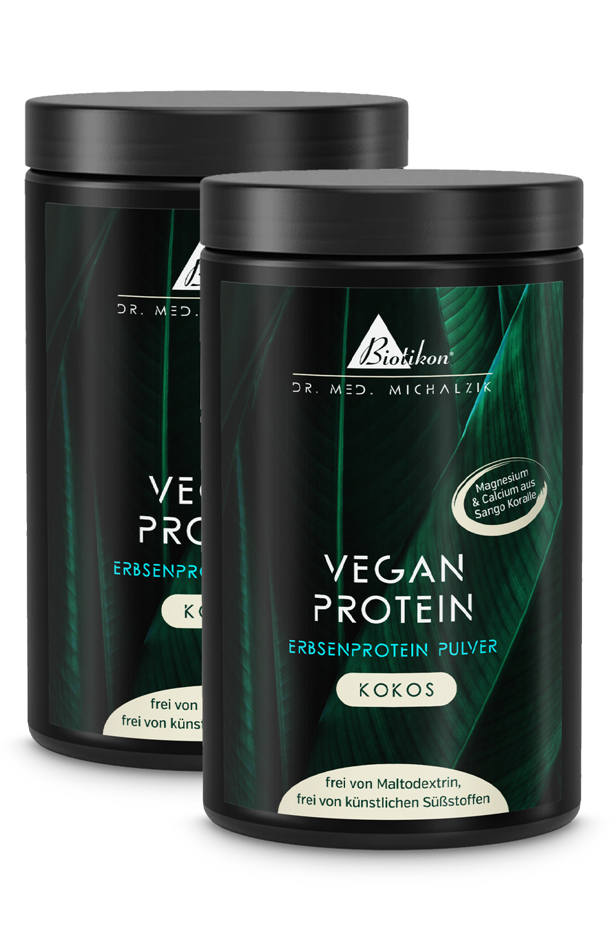 Two cans of coconut-flavored plant protein powder, each 400 g, in white packaging.