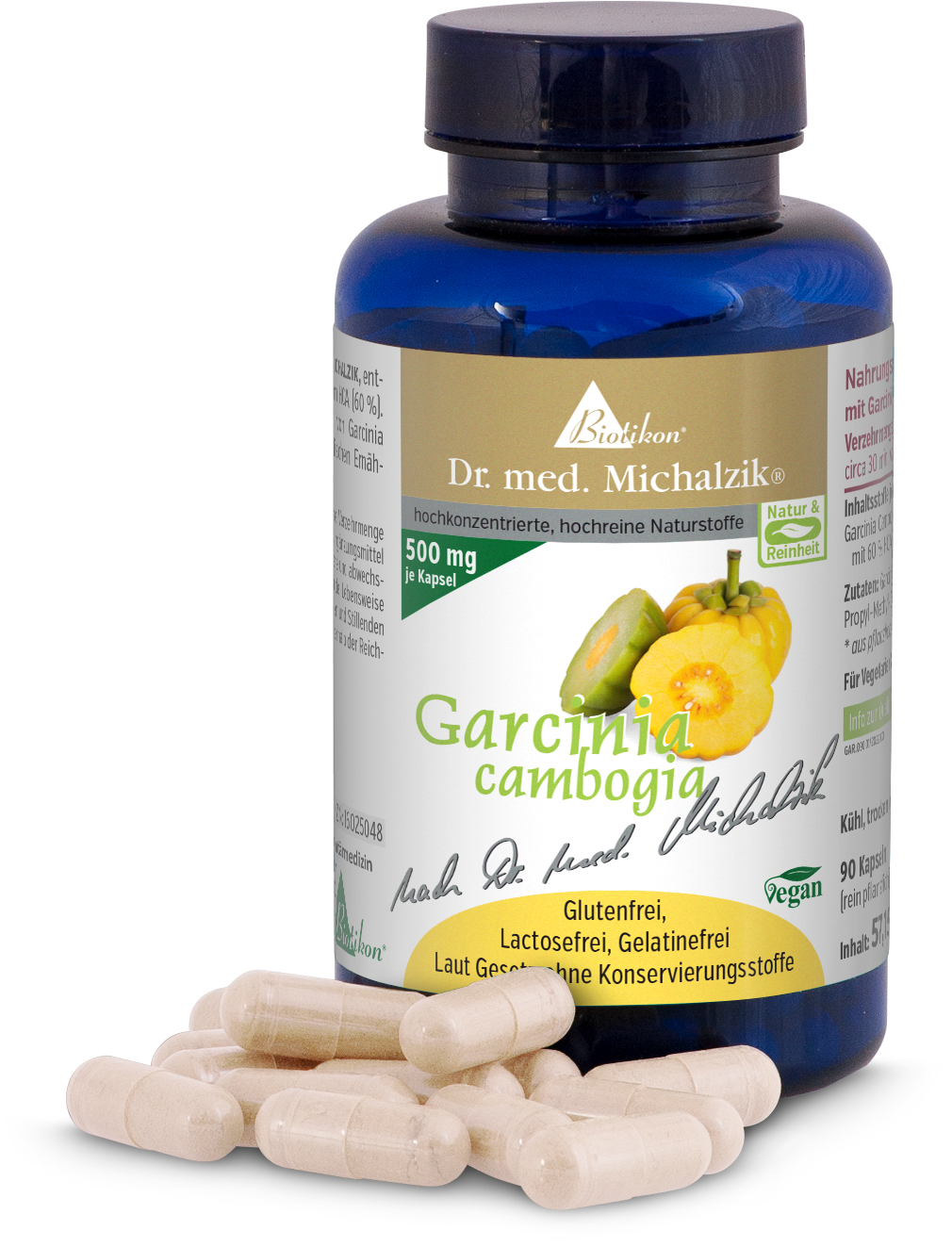 Garcinia Cambogia 500 mg - Capsules Blue bottle containing 90 capsules, Garcinia Cambogia, visible capsules and fruit design.