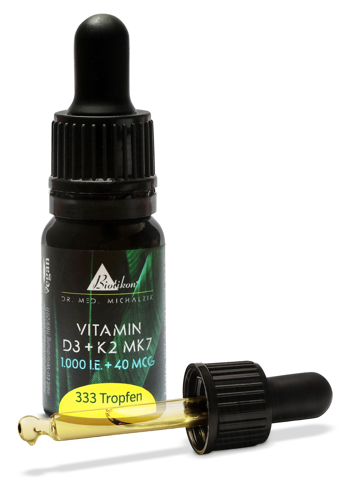 Vitamin D3 + K2 MK7 1000 I.E. – Drops Dropper bottle with 333 drops of Vitamin D3 and K2 MK7, black packaging, yellow liquid.