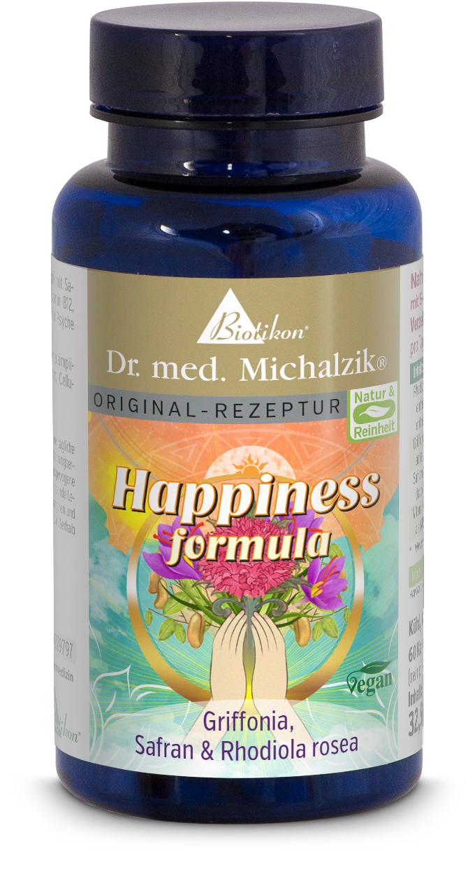 Happiness Formula – Capsules with Griffonia Happiness Formula capsules by Biotikon, 60 pieces, blue bottle with colorful label, vegan.