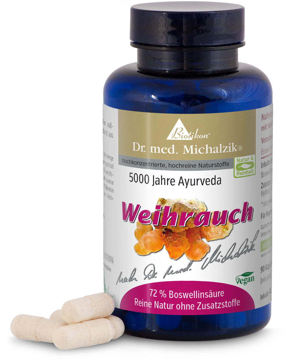Frankincense 500 mg – Capsules Frankincense capsules in blue bottle, 90 pieces, vegan, with white capsule and boswellic acid.