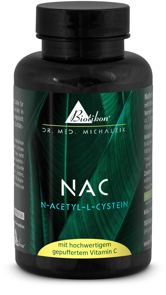 Black bottle containing N-Acetyl-L-Cysteine, 180 capsules, high quality, additive-free, front view.