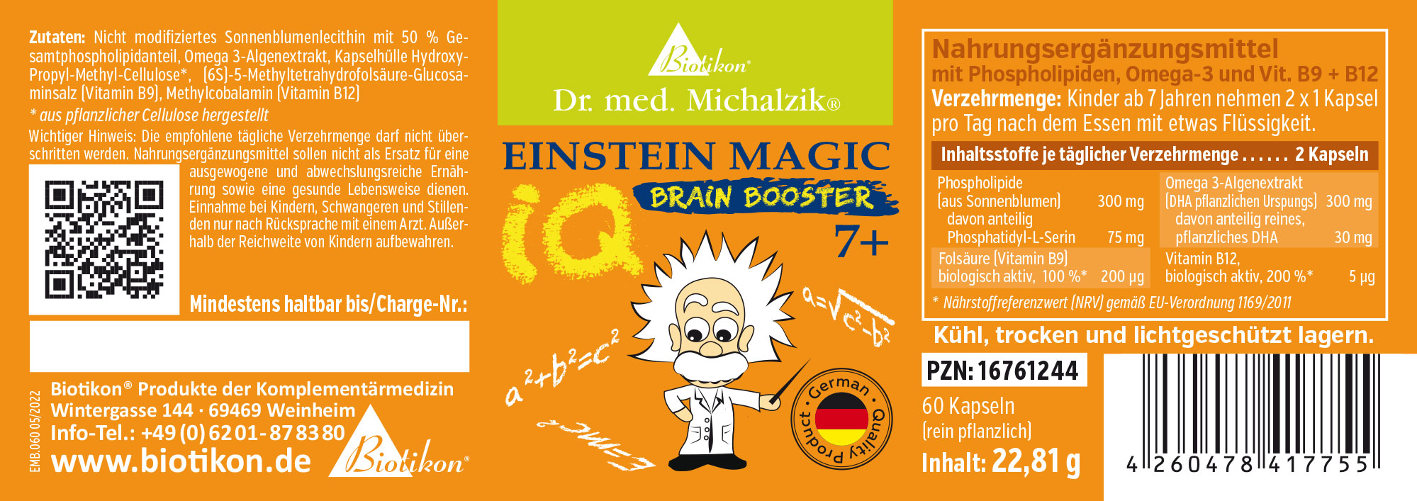 Einstein Magic IQ Brain Booster – 60 Capsules Dietary supplement in capsules, 60 pieces, orange packaging, featuring scientist designs.