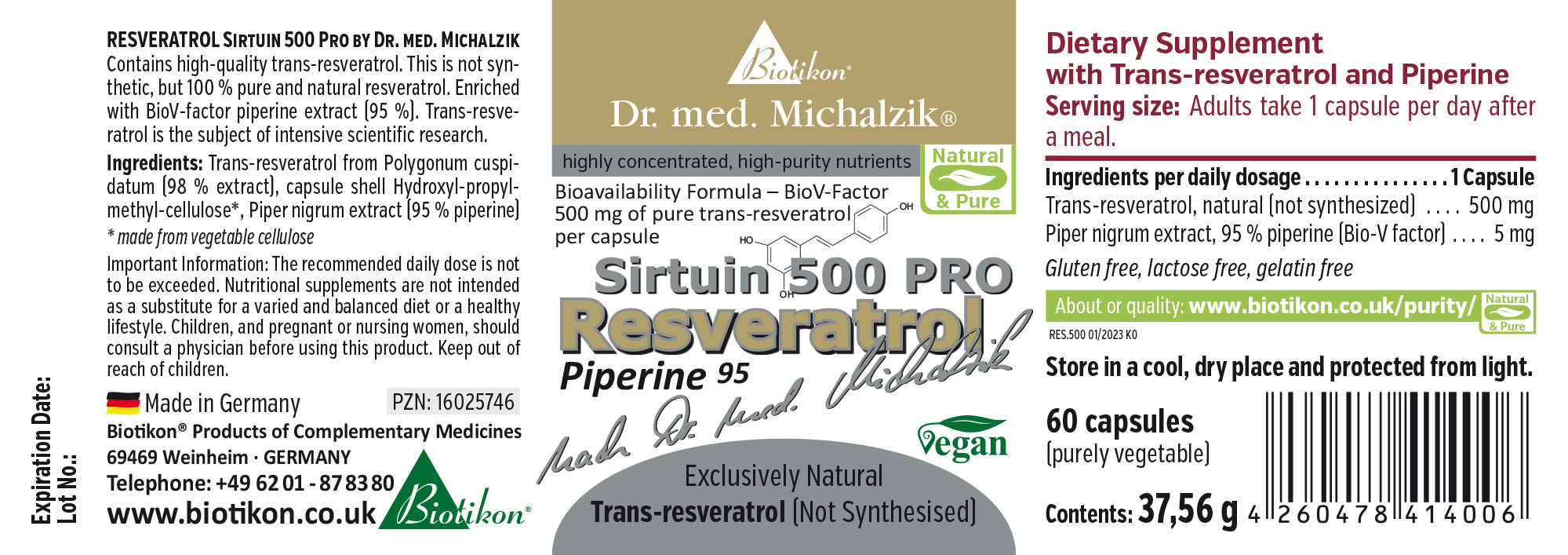 Resveratrol 500 mg – Vegan Capsules 60 capsules of 500 mg Resveratrol with Piperine, in vegan packaging, on a gray-white background.