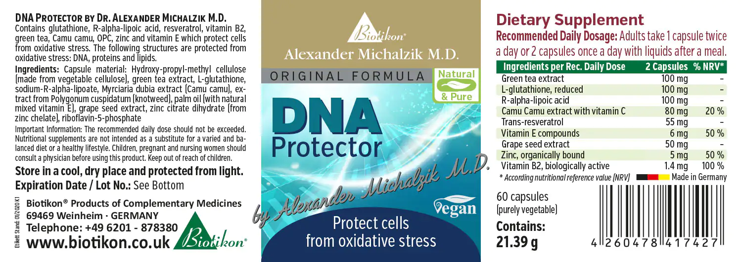 DNA Protector – 60 Capsules DNA Protector dietary supplement in blue packaging, 60 vegan capsules for cell protection.