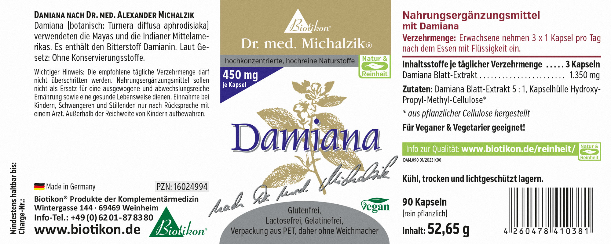 Damiana 450 mg - Capsules Damiana dietary supplement, 90 vegan capsules in PET packaging, beige background.