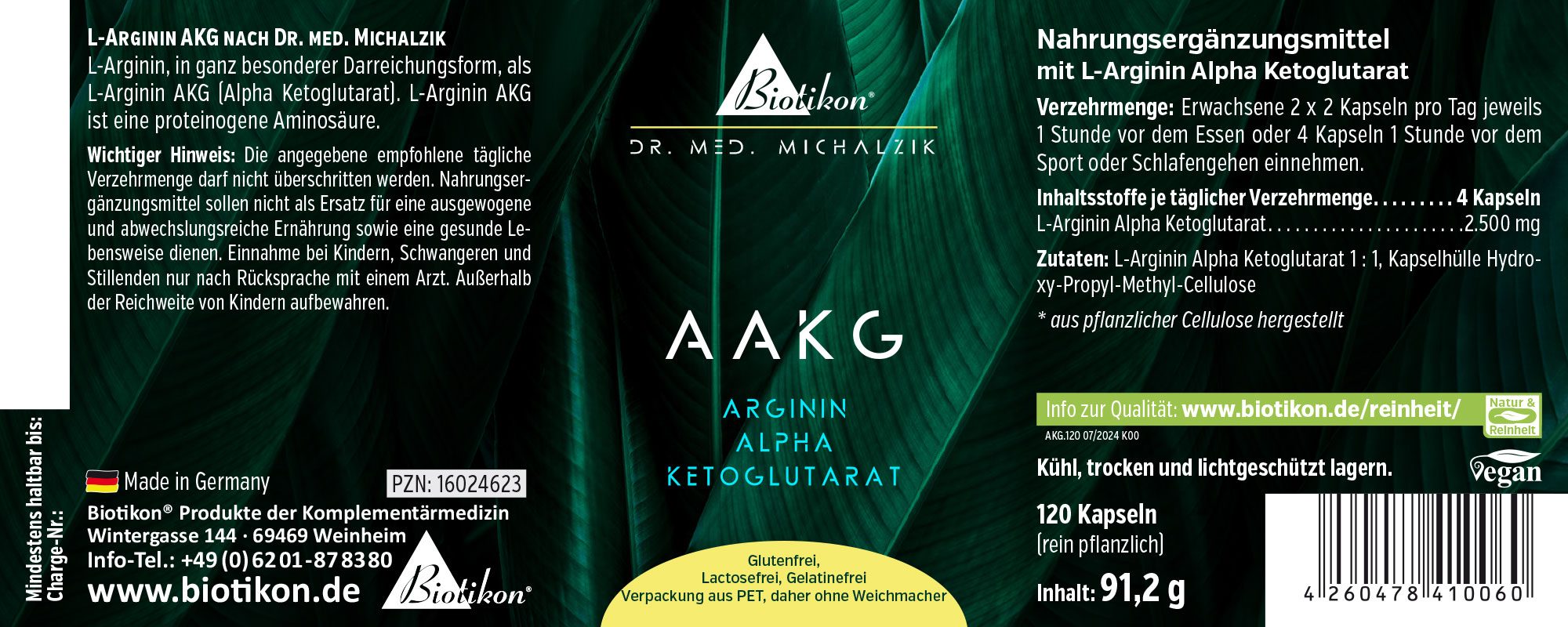 L-Arginine AKG 120 Capsules - Dietary Supplement L-Arginine Alpha Ketoglutarate, 120 capsules in clear packaging, green design, front view.