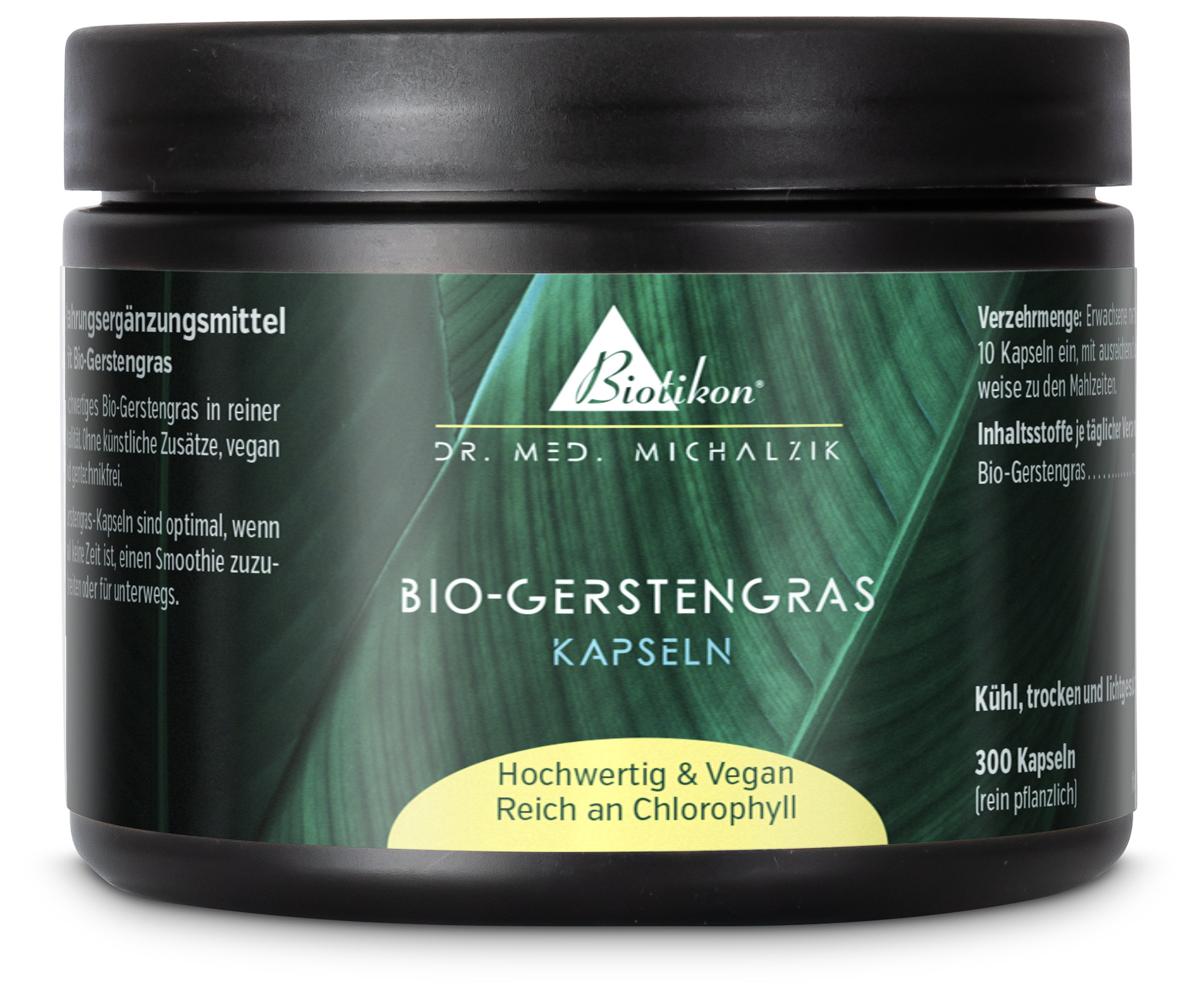 Organic Barley Grass Capsules – 300 Count Organic barley grass capsules in black container, 300 capsules, vegan and high quality.