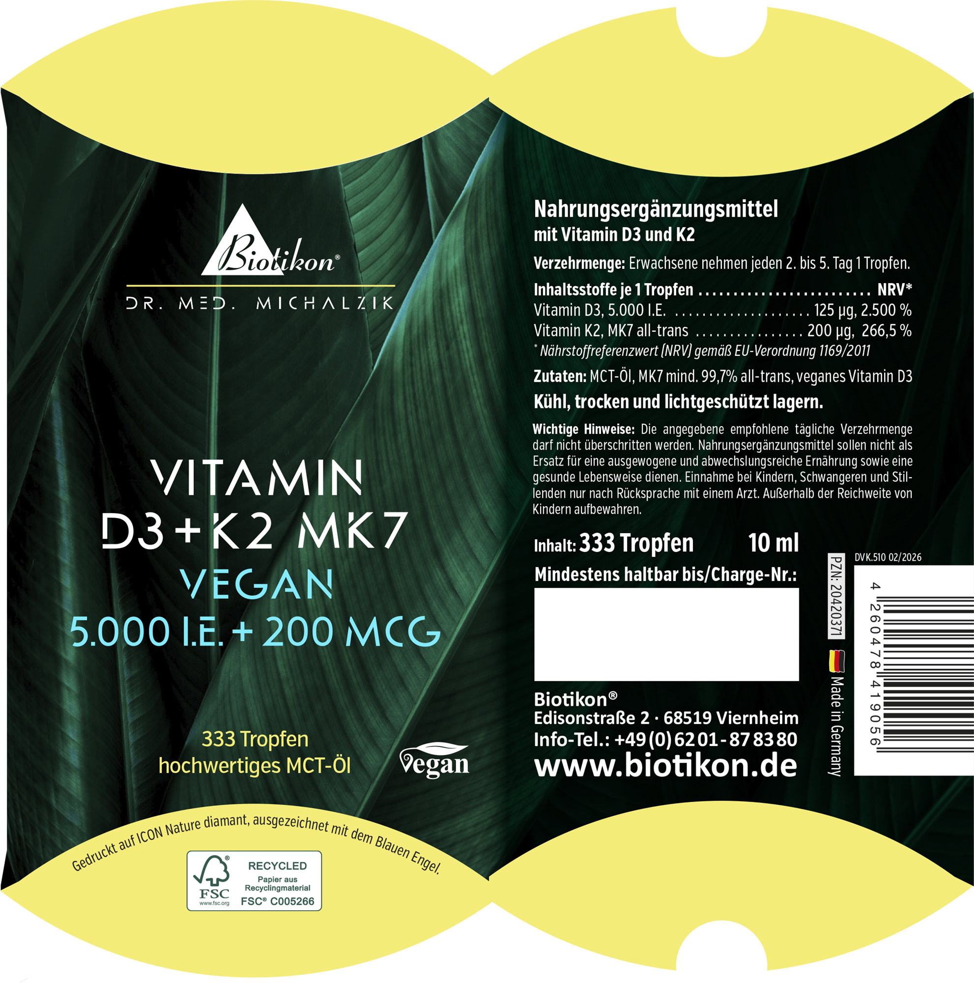 Dietary supplement with Vitamin D3 and K2 in drop form, 10 ml, green packaging.