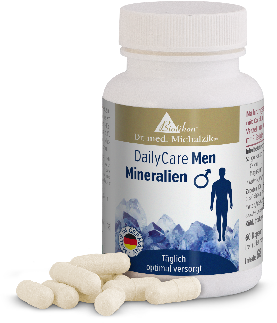 Mineral Capsules – 60 count DailyCare Men Mineral capsules, 60 capsules in white packaging with blue accents, next to capsules on a white background.