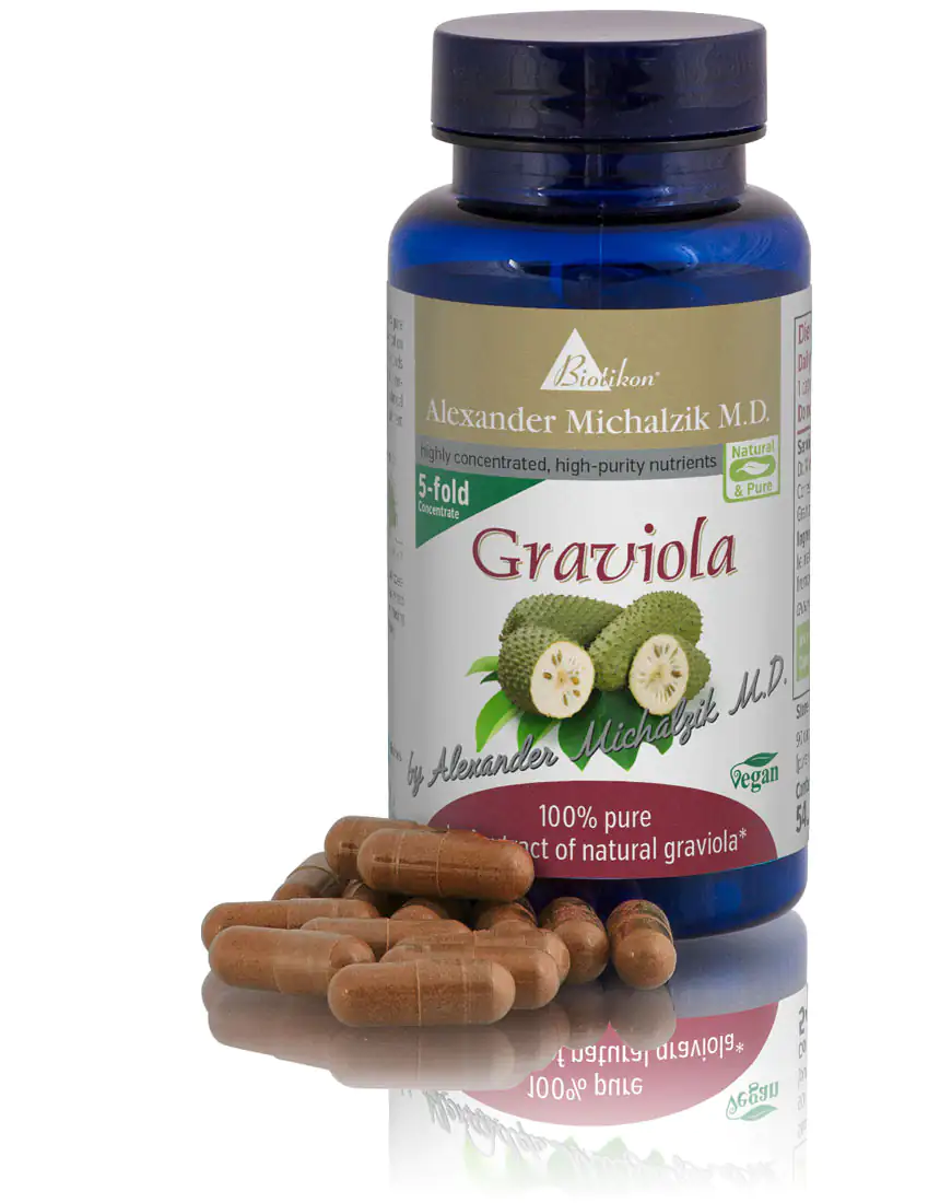 Graviola 500 mg – Capsules Brown capsules made from Graviola, 500 mg, in a blue bottle, side view.