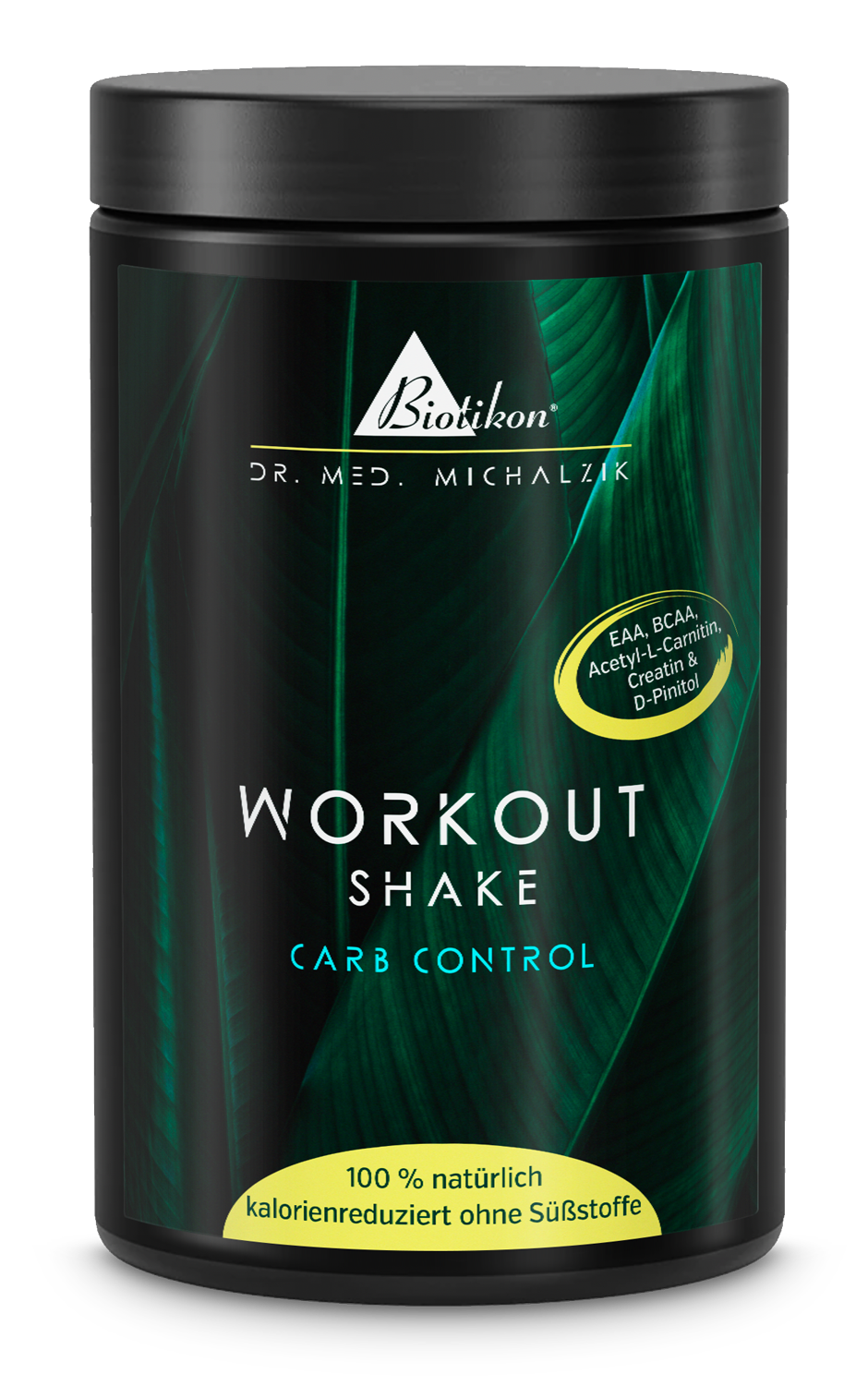 Workout Shake – Carb Control Black can of Workout Shake Carb Control, 100% natural, reduced calories, sugar-free, front view