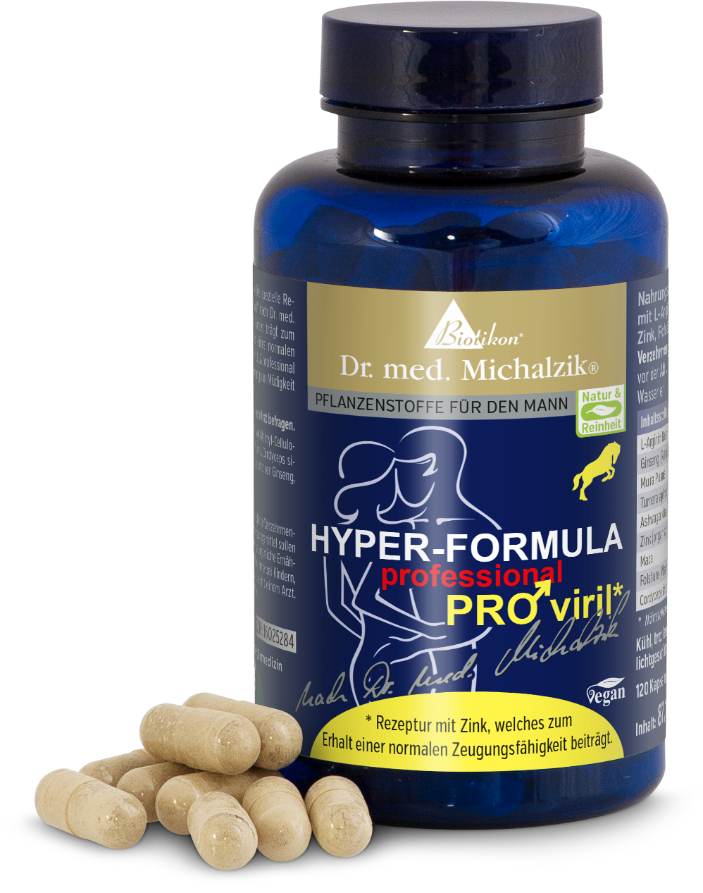 Hyper-Formula PRO Viril 120 Capsules Blue bottle with 120 capsules, plant-based ingredients, vegan, capsules clearly visible.