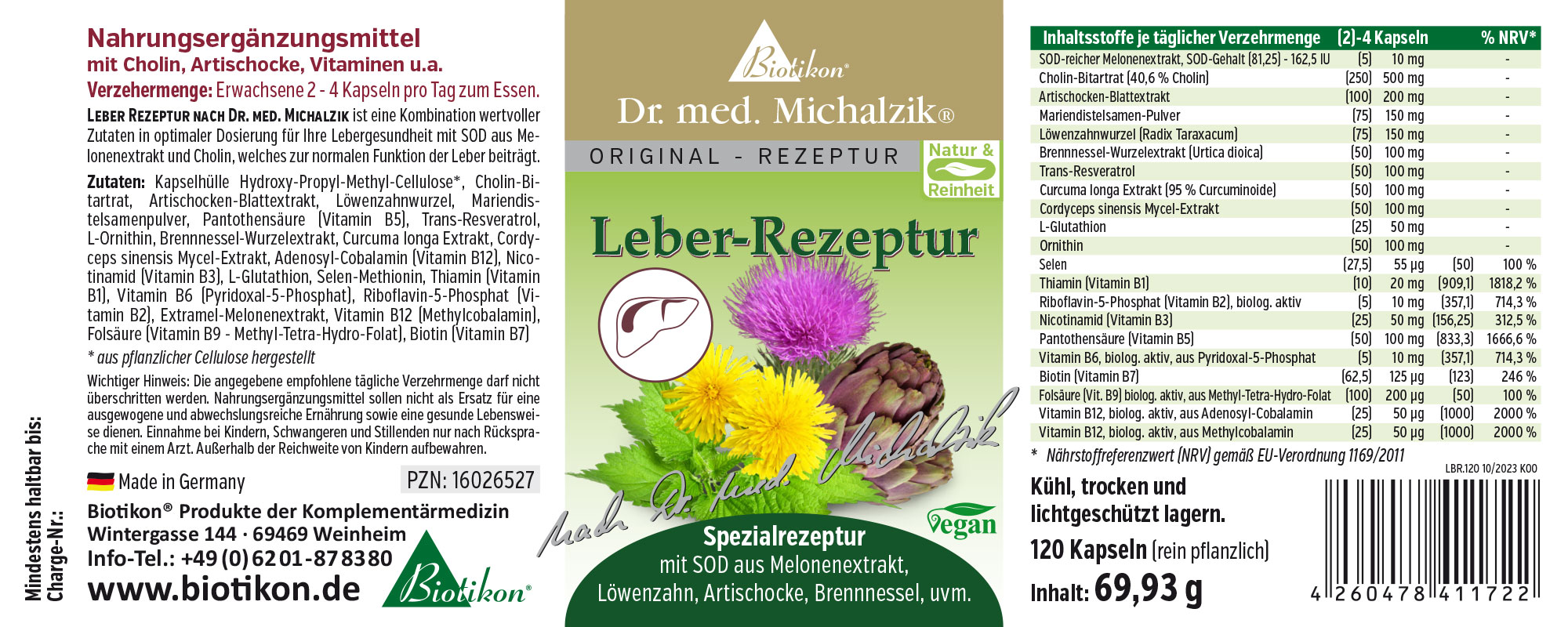 Liver Formula – 120 Capsules Dietary supplement in a green package containing 120 capsules, with description and ingredients on the label.