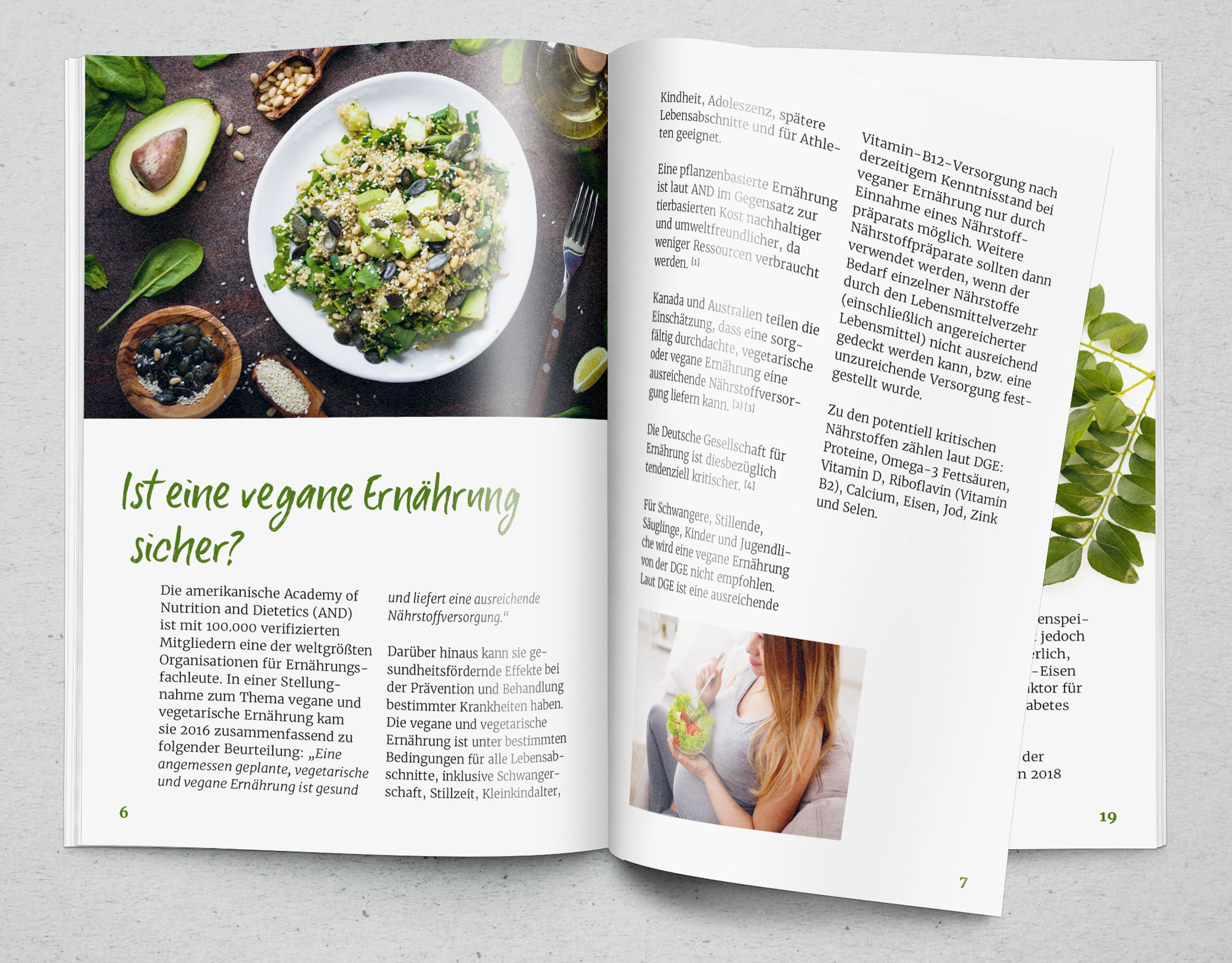 Vegan Diet – Safe and Healthy? Magazine page on vegan diet featuring a colorful salad bowl and text. Background in muted colors.
