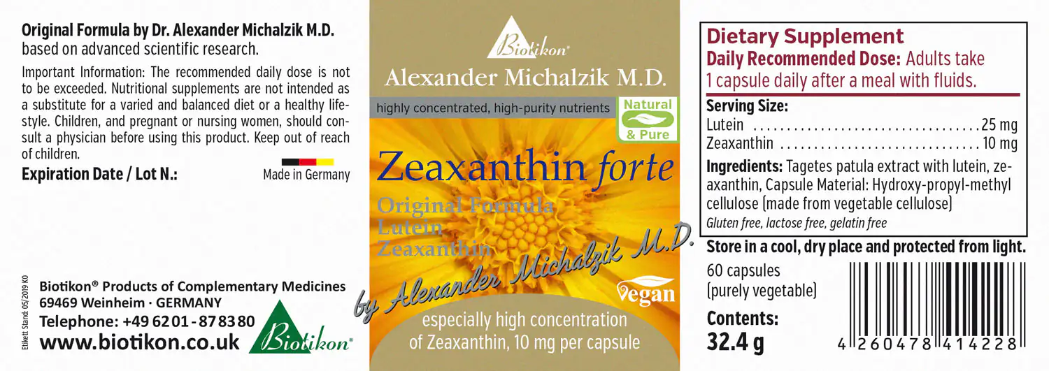 Zeaxanthin Forte 10 mg – Capsules 60 capsules of Zeaxanthin Forte with 10 mg Zeaxanthin and 25 mg Lutein, featuring a yellowish vegan capsule design.