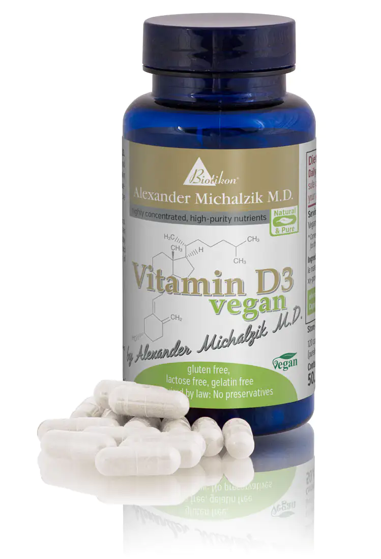 Vegan Vitamin D3 – 120 Capsules Bottle of vegan Vitamin D3 capsules, 120 count, white capsules, blue plastic container, front view
