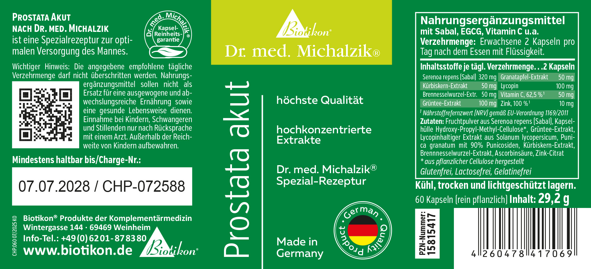 Acute Prostate Supplement Label Green packaging, 60 capsules, contains various extracts, made in Germany.