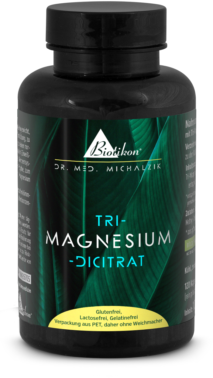 Tri-Magnesium Dicitrat 120 Capsules Bottle of Tri-Magnesium Dicitrat, 120 capsules, black design with green leaves in the background.