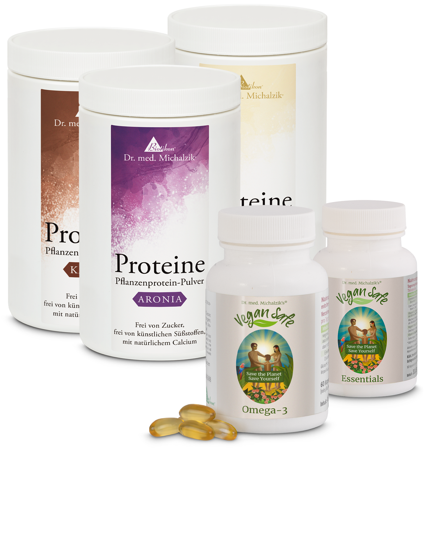 Plant Protein Powder – 400 g Four containers of plant protein powder in various colors and labels, plus Omega-3 capsules and essences, on a white background.