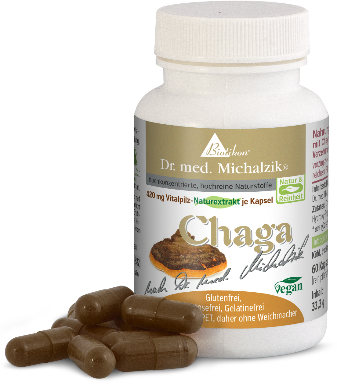 Chaga 420 mg – Capsules Chaga mushroom extract capsules, 60 pieces, brown capsules in the foreground, bottle in the background.