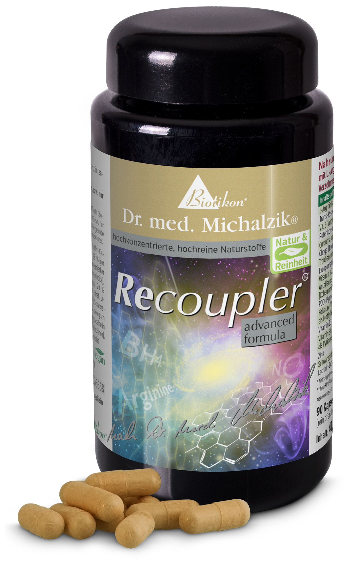 Recoupler – 90 Capsules Supplement in dark bottle, 90 capsules, beige, side view.