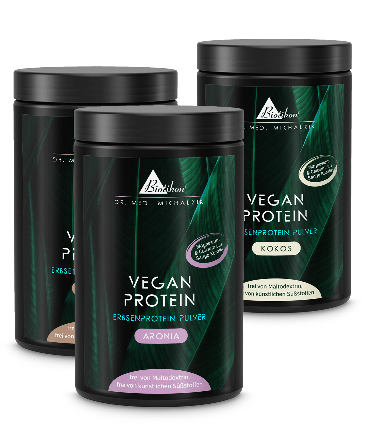 Three cans of plant-based protein powders in different flavors: Aronia, Cocoa, and Coconut.