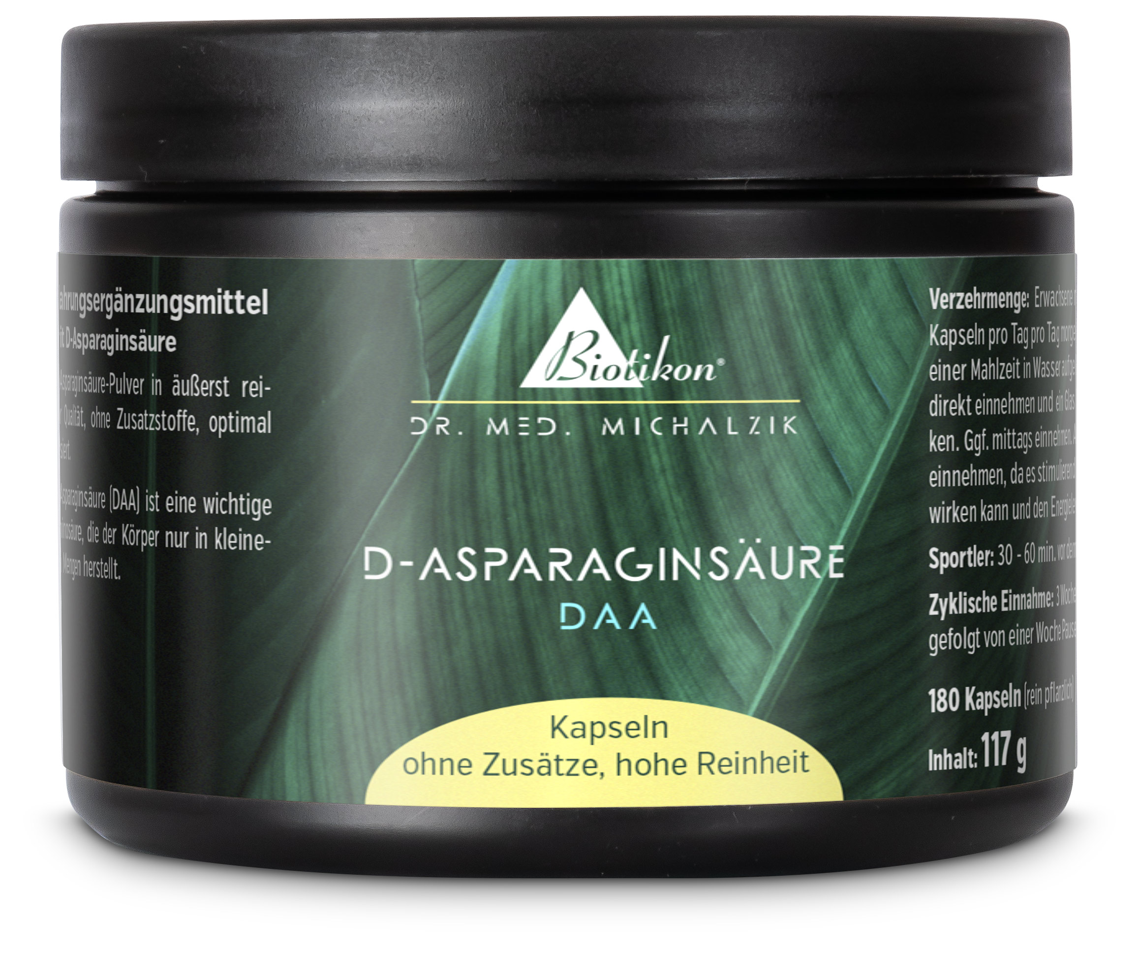 D-Aspartic Acid 180 Capsules - Dietary Supplement D-Aspartic Acid capsules, 180 count, black container, high purity, side view