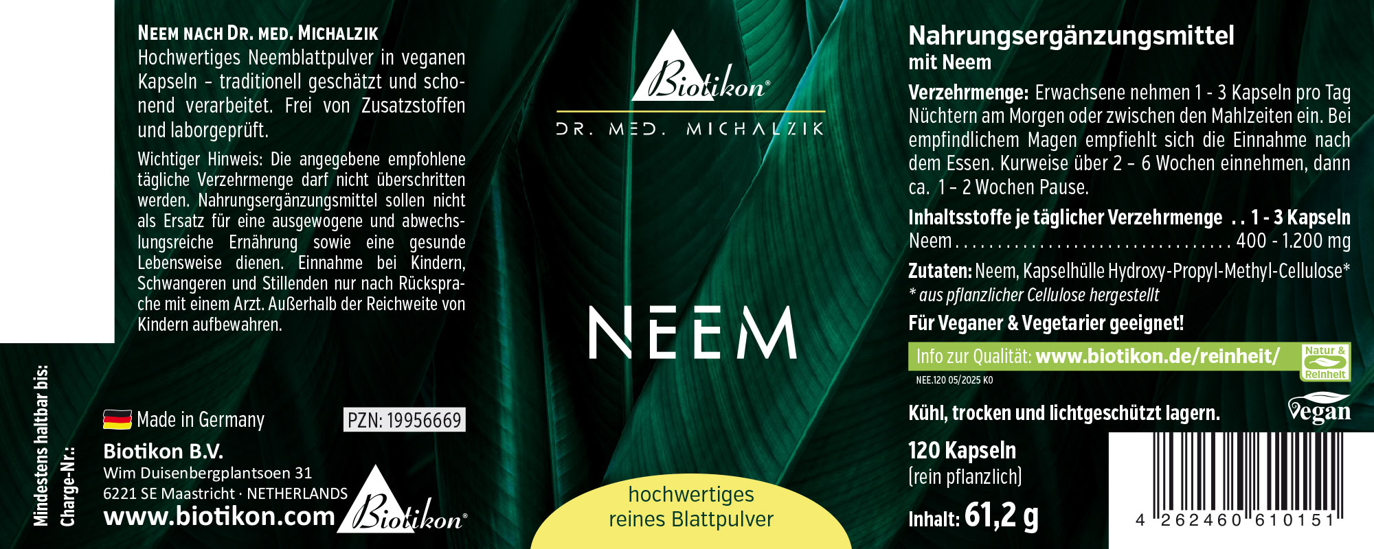 Neem Powder 120 Capsules – Purely Plant-Based 120 vegan capsules filled with high-quality neem leaf powder, packaging in green tones, front view.