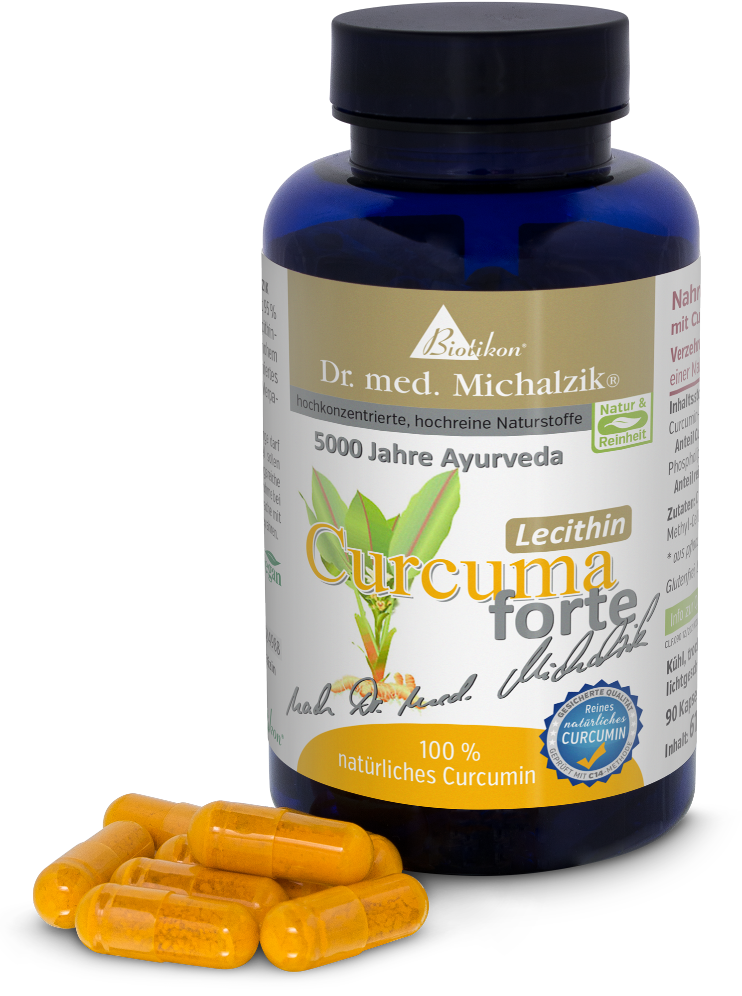Curcumin Forte – 90 Capsules Capsules with natural curcumin in a blue glass bottle, 90 pieces, yellow-orange capsules, front view.