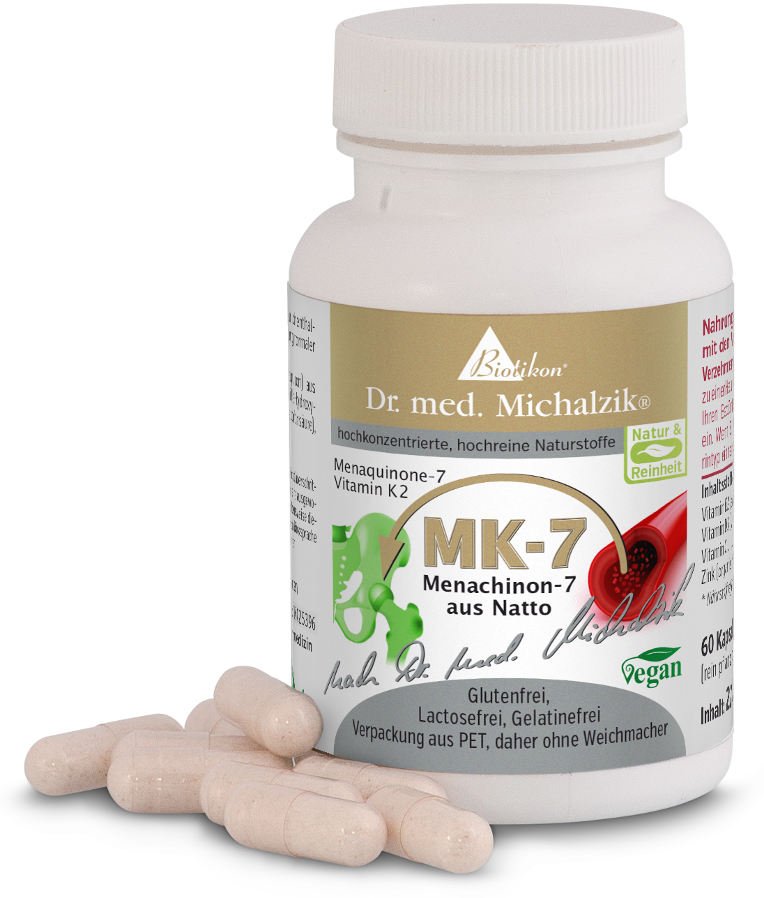 Vitamin K2 MK-7 – 60 Capsules Glass container with Vitamin K2 MK-7 capsules, white color, showing 60 capsules, vegan, gluten-free.