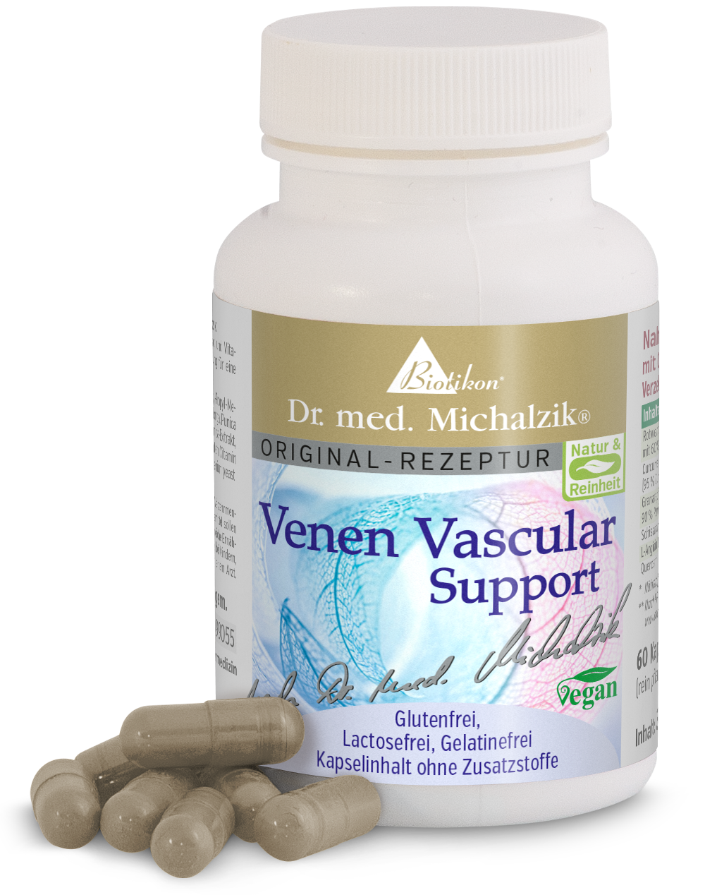 Vein Vascular Support - 60 Capsules Vein Vascular Support in a white bottle with 60 capsules, vegan, gluten-free, capsules in beige.