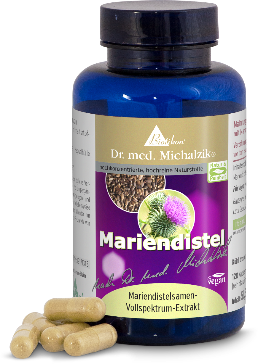 Milk Thistle 120 Capsules – Full Spectrum Extract Blue bottle with full spectrum milk thistle seed extract, 120 vegan capsules, beige capsules in the foreground.