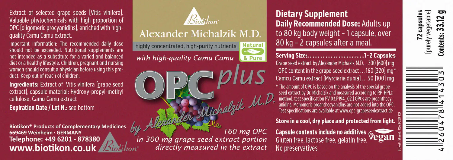 OPC plus – 72 capsules Dietary supplement OPC plus in bright red packaging, 72 vegan capsules with grape seed extract and camu camu.