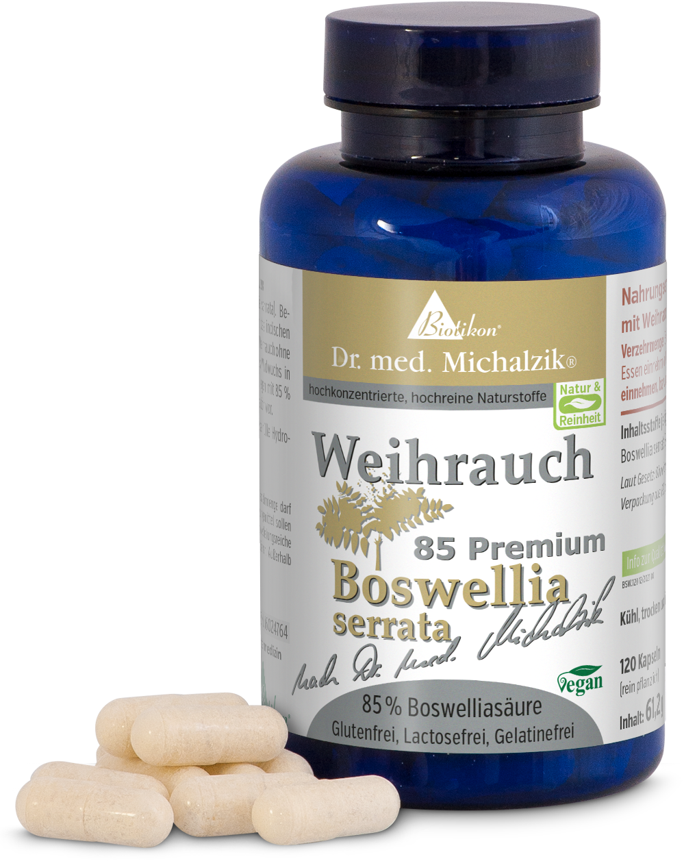 Frankincense 85 Premium – Capsules Bottle containing 120 frankincense capsules, Boswellia serrata, vegan, cream-colored capsules, front view